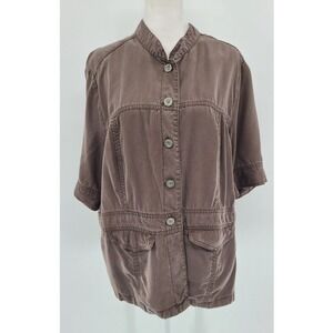 J. Jill Women Utility Jacket XL Brown Button Short Sleeve Mandarin Collar Pocket
